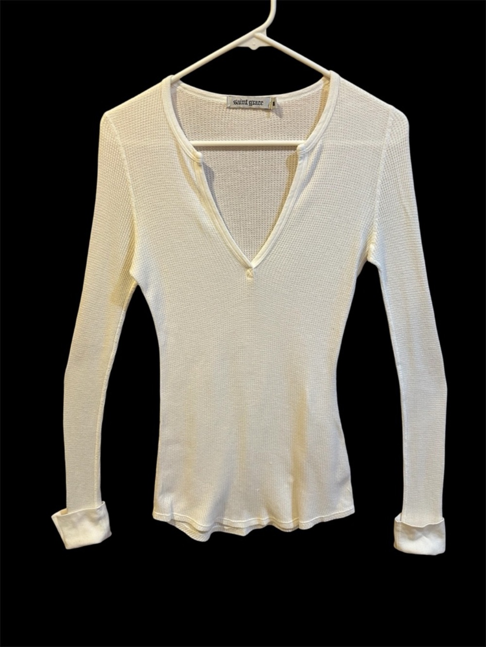 Saint Grace Cream Waffle-Knit Long Sleeve V-Neck Top